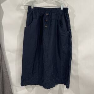 Womens M Navy Blue A Line Eyelet Scallop Hem Embroidered Pockets Cottage Core